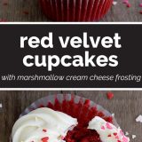 red velvet cupcakes with text in the center