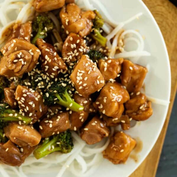Sesame Chicken with Broccoli over noodles
