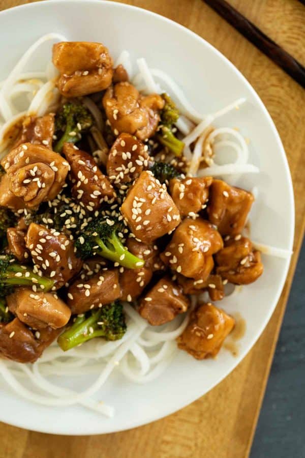 Sesame Chicken with Broccoli over noodles