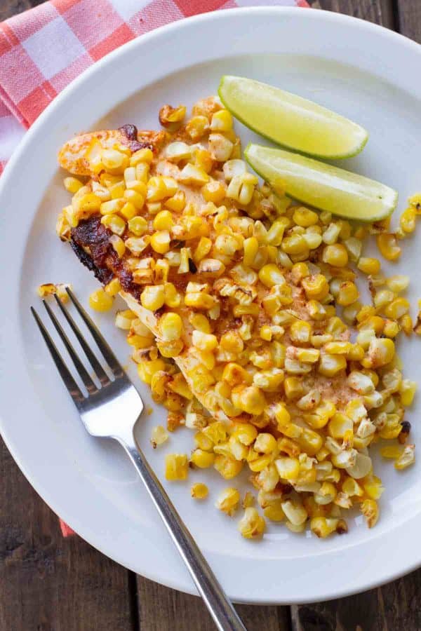 Tilapia filet covered with roasted corn