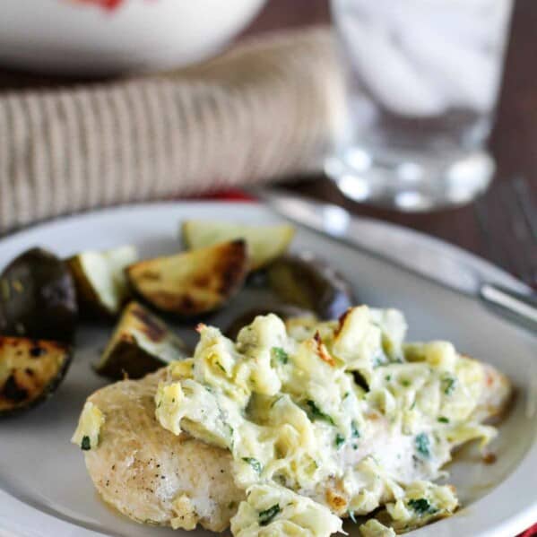 Artichoke Chicken with Roasted Potatoes on a plate