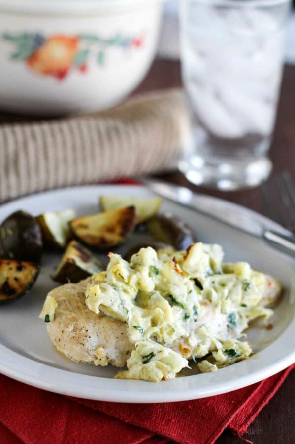 Artichoke Chicken with Roasted Potatoes on a plate