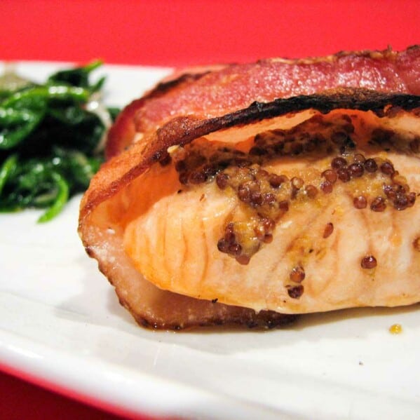 Bacon Wrapped Salmon with Wilted Spinach