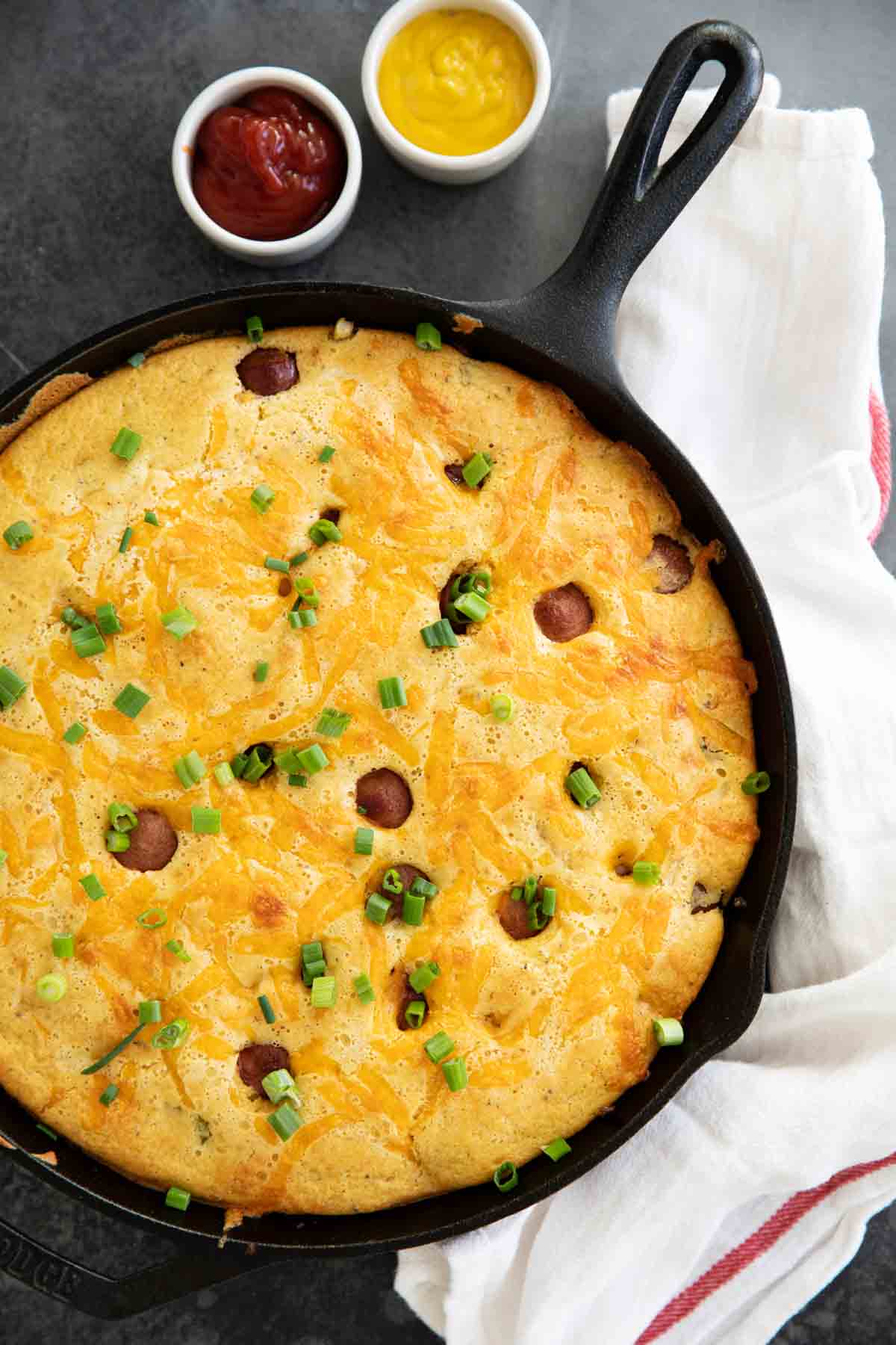 Corn Dog Casserole with Ketchup and Mustard