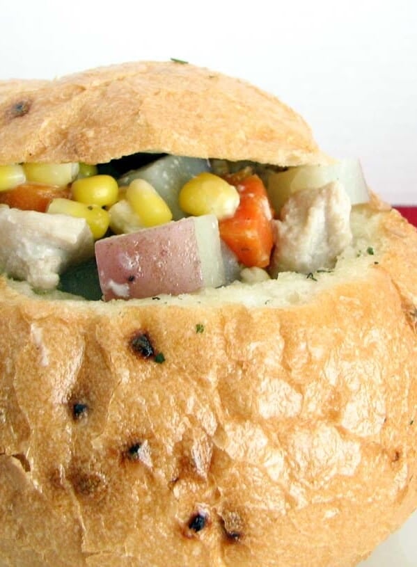 Dutch Oven Chicken Stew in a Bread Bowl