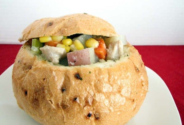 Dutch Oven Chicken Stew in a Bread Bowl