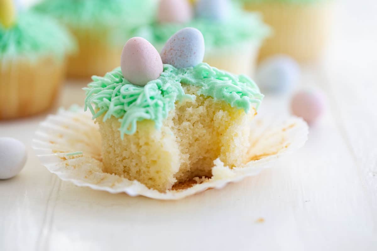 Easter cupcake with a bite taken from it.