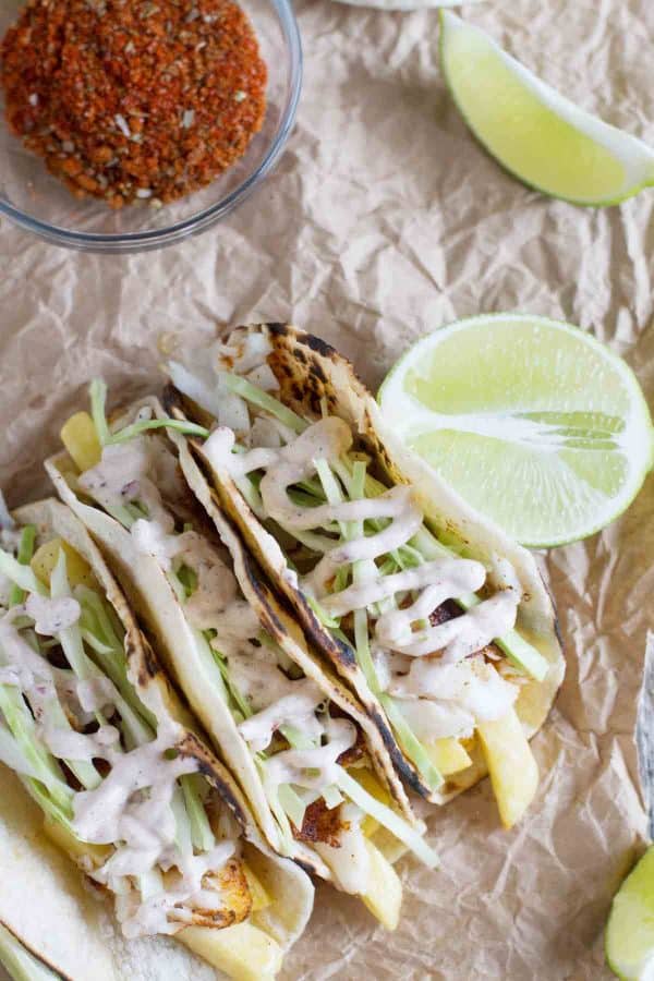 tacos with fish and fries and chipotle-lime dressing