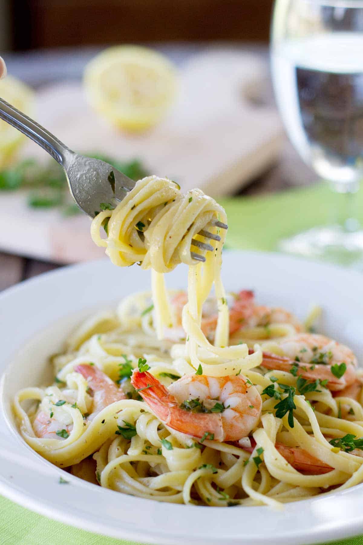 pasta dish with lemon pepper shrimp