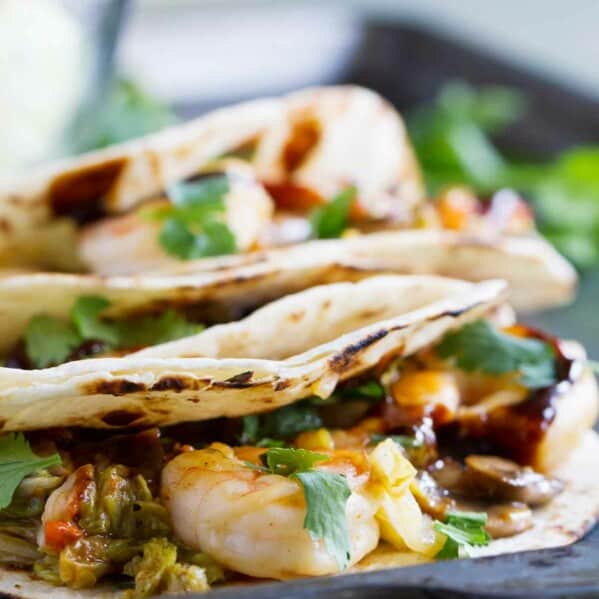 moo shu shrimp in tortillas