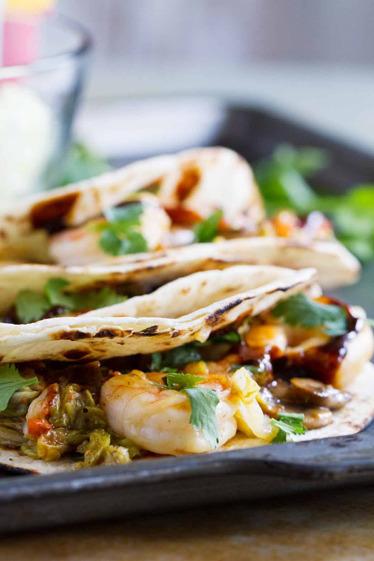 moo shu shrimp in tortillas