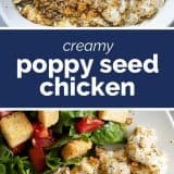 Poppy seed chicken with text bar in the middle