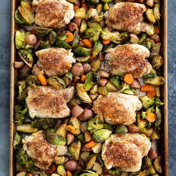 sheet pan with roasted chicken and vegetables