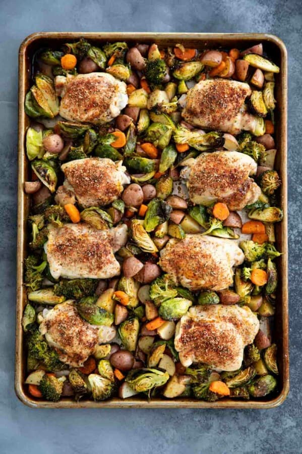 sheet pan with roasted chicken and vegetables