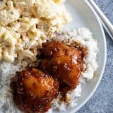 overhead view. of Shoyu Chicken with Hawaiian Macaroni Salad