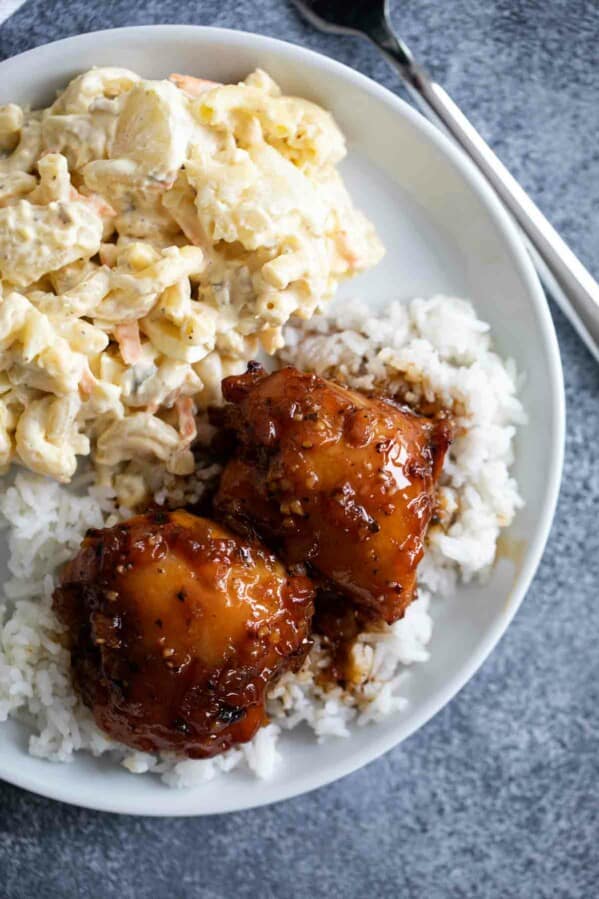 overhead view. of Shoyu Chicken with Hawaiian Macaroni Salad