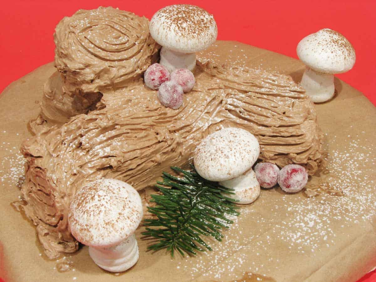 Yule Log Cake with Meringue Mushrooms