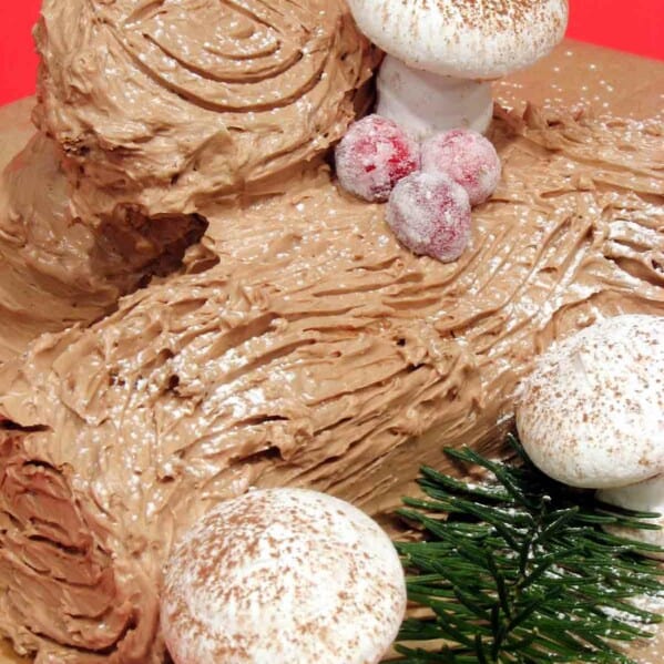 Chocolate Yule Log Cake topped with meringue mushrooms and sugared berries