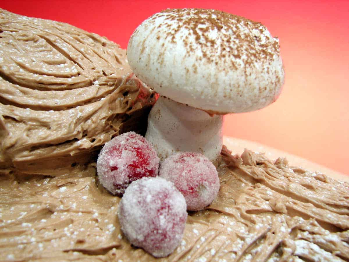 Meringue Mushroom on a yule log cake
