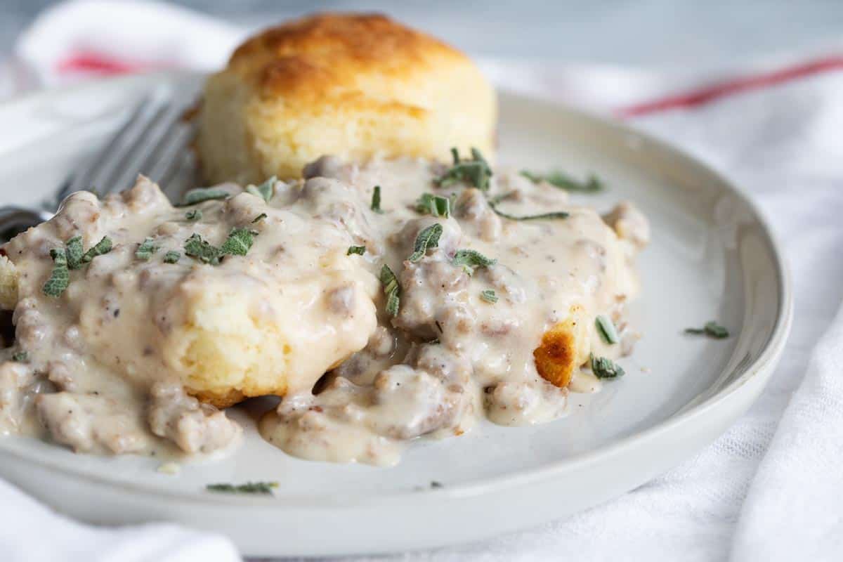 Sausage Gravy on Homemade Biscuits