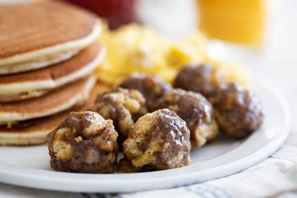 plate of Breakfast Sausage Meatballs with pancakes