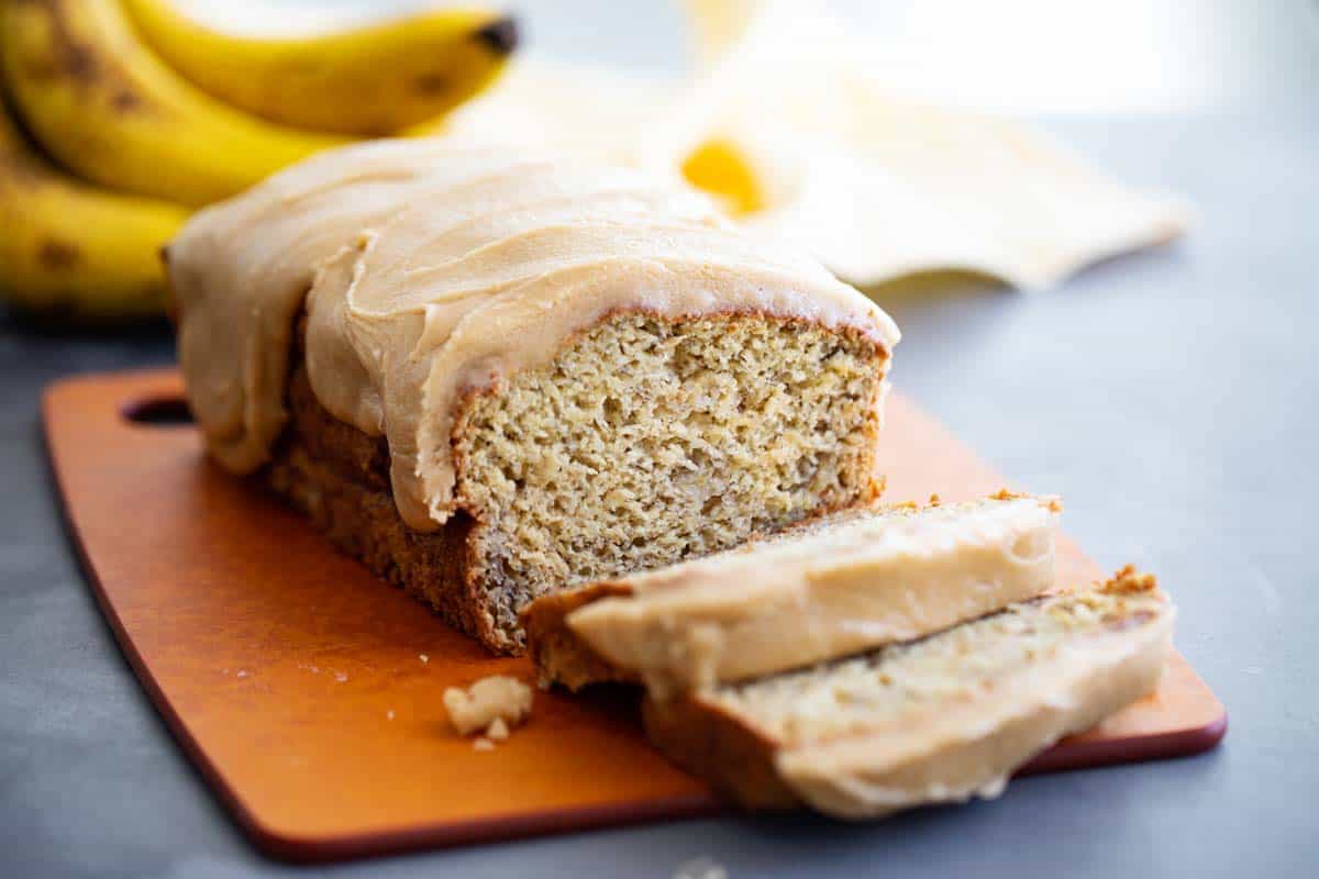 Loaf of banana bread cut