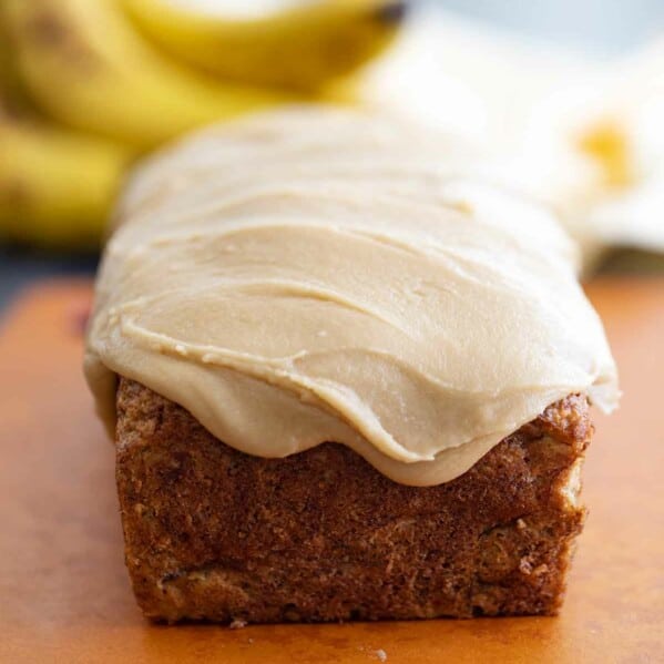 banana bread topped with caramel icing