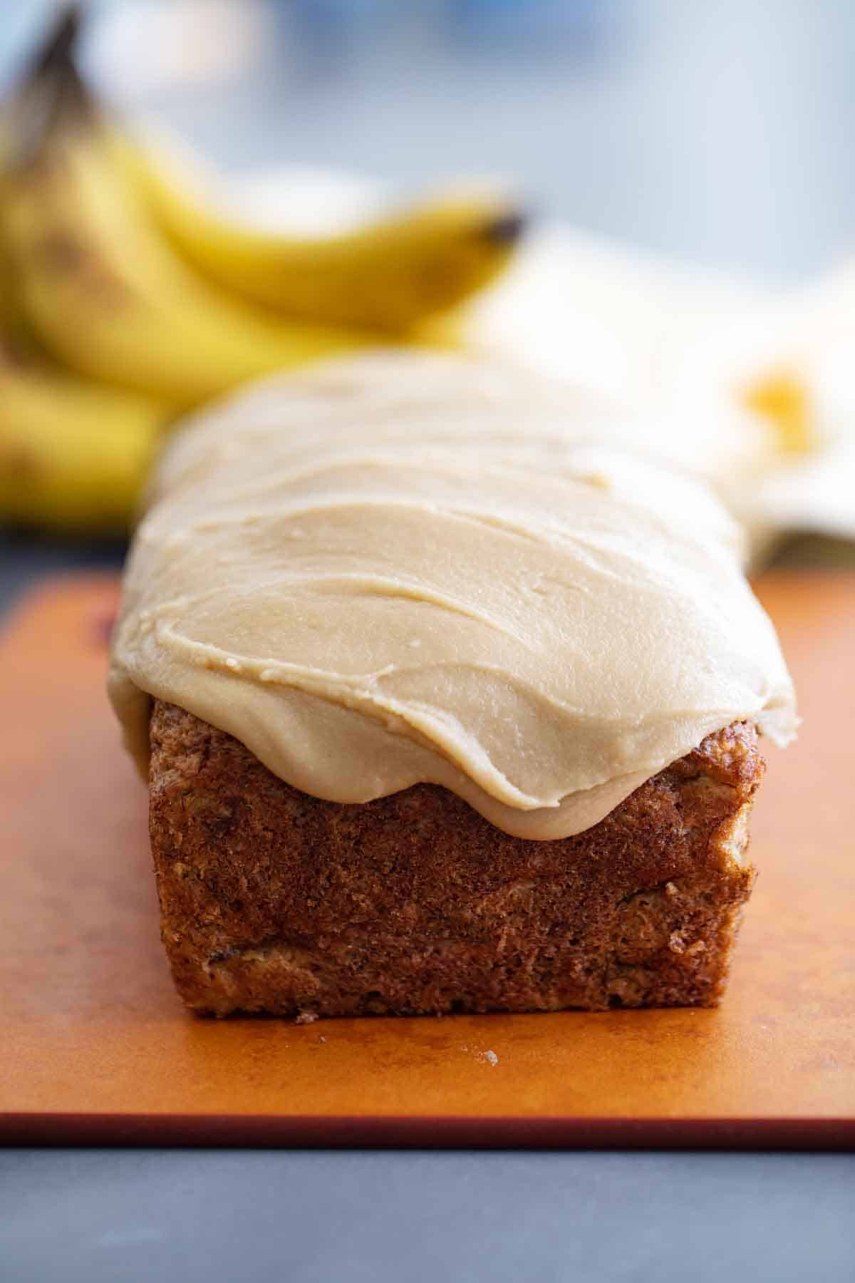 banana bread topped with caramel icing