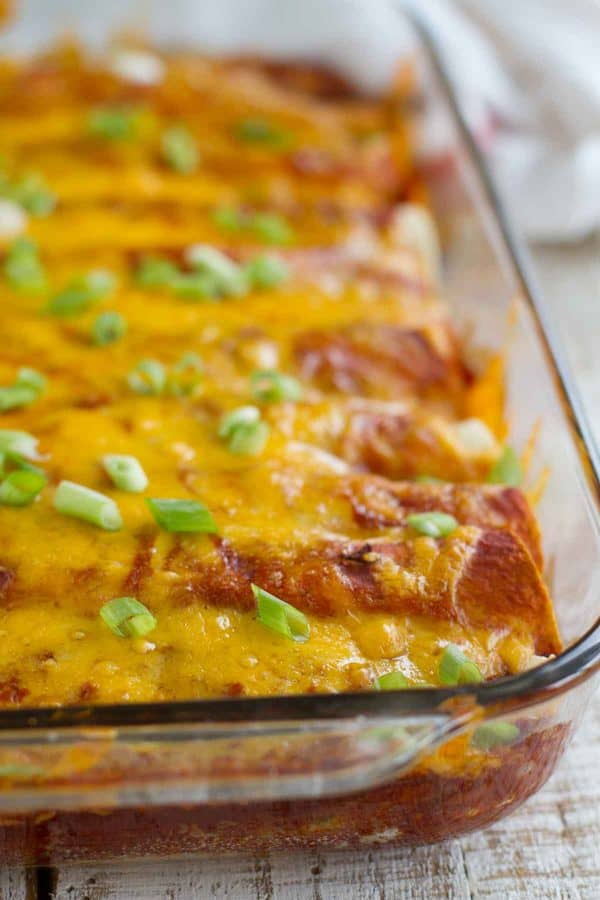 pan of enchiladas with beef and beans