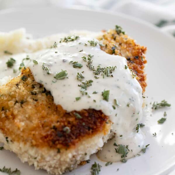 Breaded Pork Chops with herbed gravy