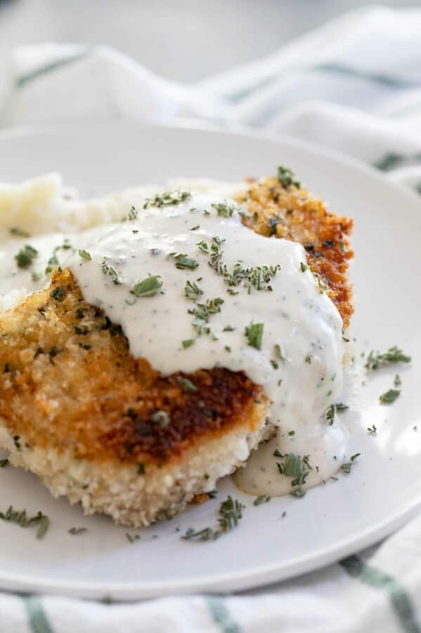 Breaded Pork Chops with herbed gravy