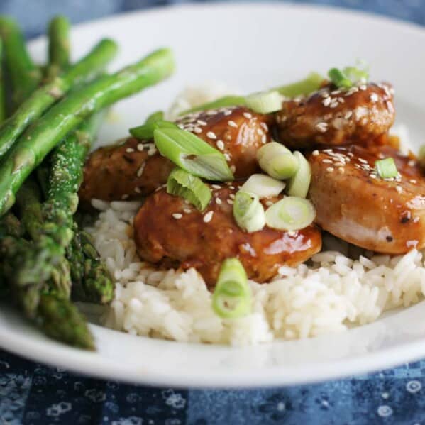 Easy Pork with Hoisin Sauce on rice with asparagus