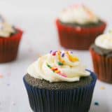Eggless Chocolate Cupcakes with Buttercream and Sprinkles