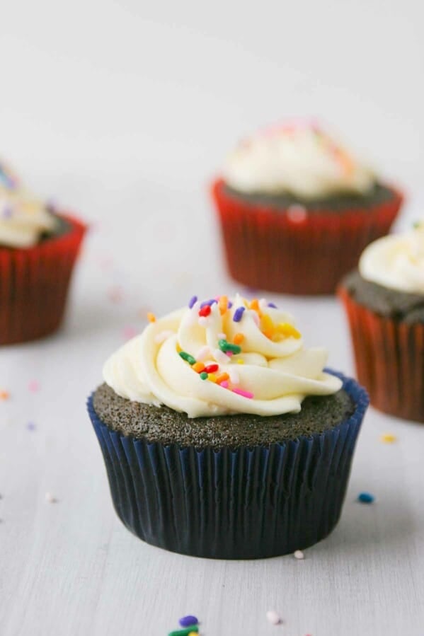 Eggless Chocolate Cupcakes with Buttercream and Sprinkles