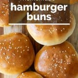 top view of hamburger buns with text
