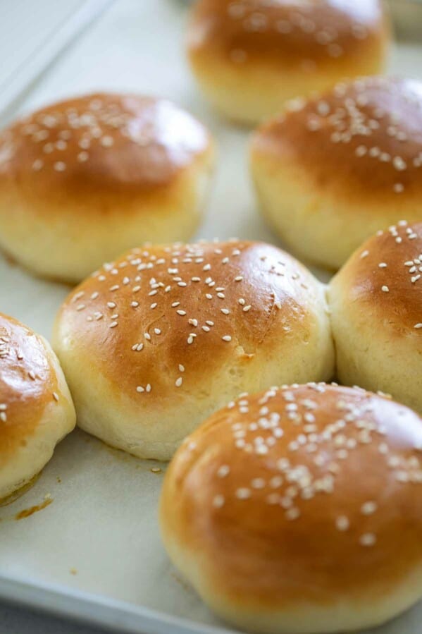 homemade hamburger buns topped with sesame seeds