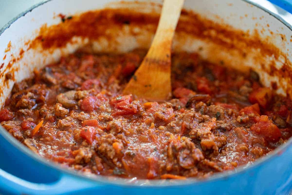 pot full of spaghetti sauce