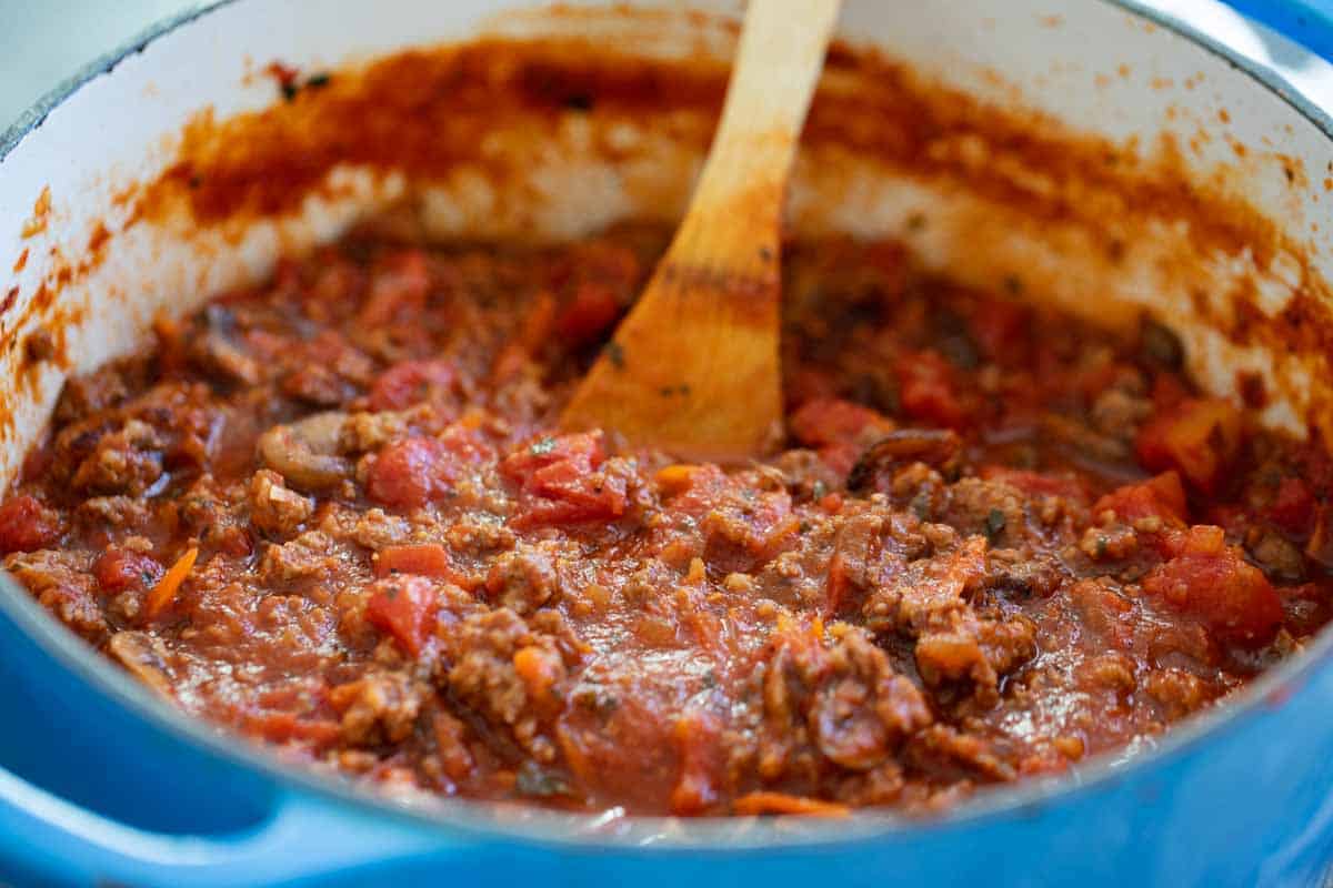 pot full of spaghetti sauce