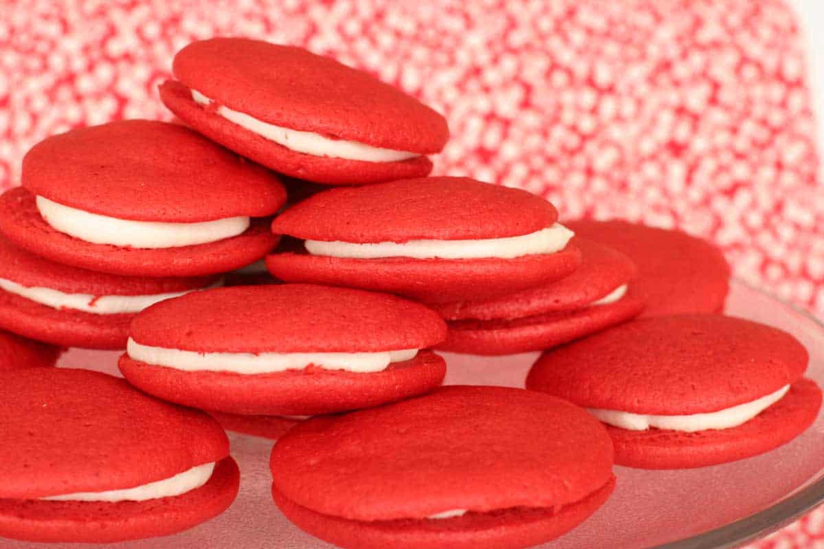 red velvet whoopie pies with red background