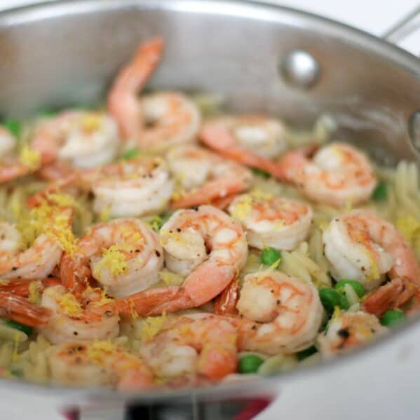 Shrimp and orzo in a skillet