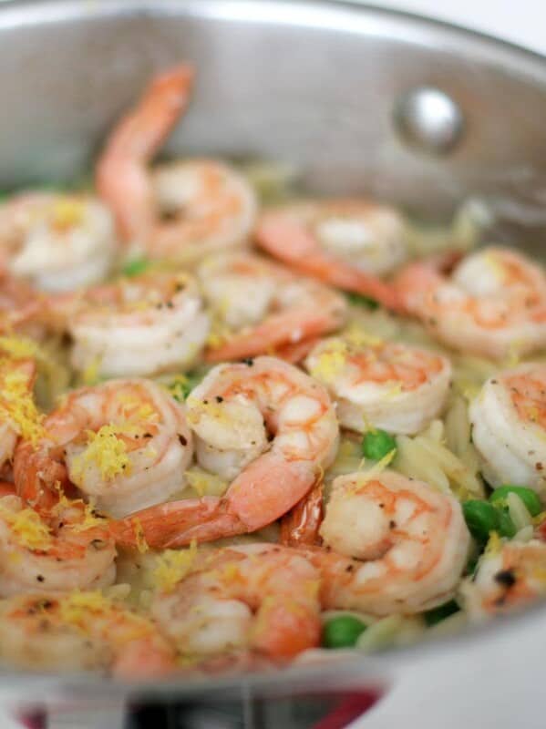 Shrimp and orzo in a skillet