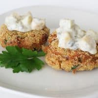 Salmon Cakes with Mango Tartar Sauce on top