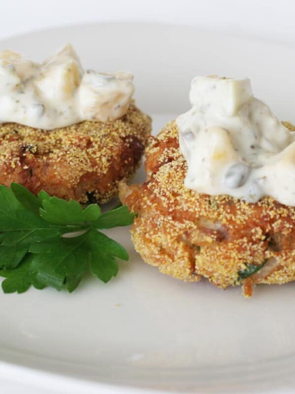 Salmon Cakes with Mango Tartar Sauce on top