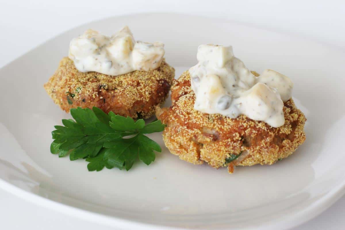 Salmon Cakes with Mango Tartar Sauce on top