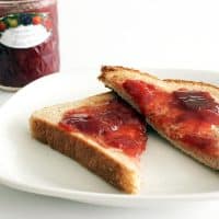 Toast topped with strawberry rhubarb jam