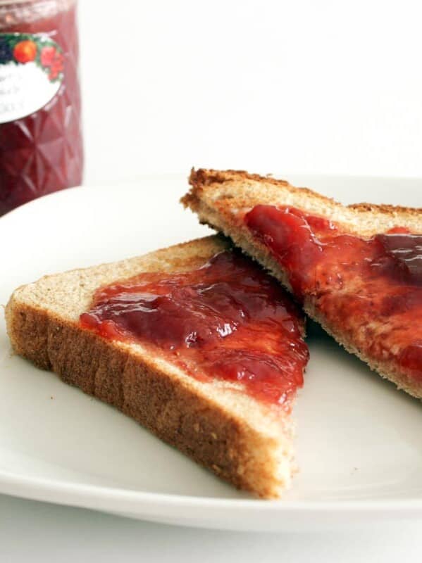 Toast topped with strawberry rhubarb jam