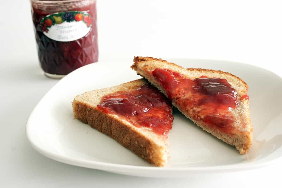 Toast topped with strawberry rhubarb jam