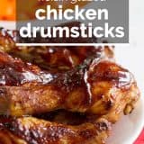 hoisin glazed chicken drumsticks with text overlay
