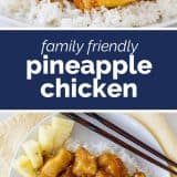 two photos of pineapple chicken with text in the center
