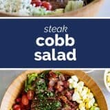 Two photos of steak cobb salad with text in the middle